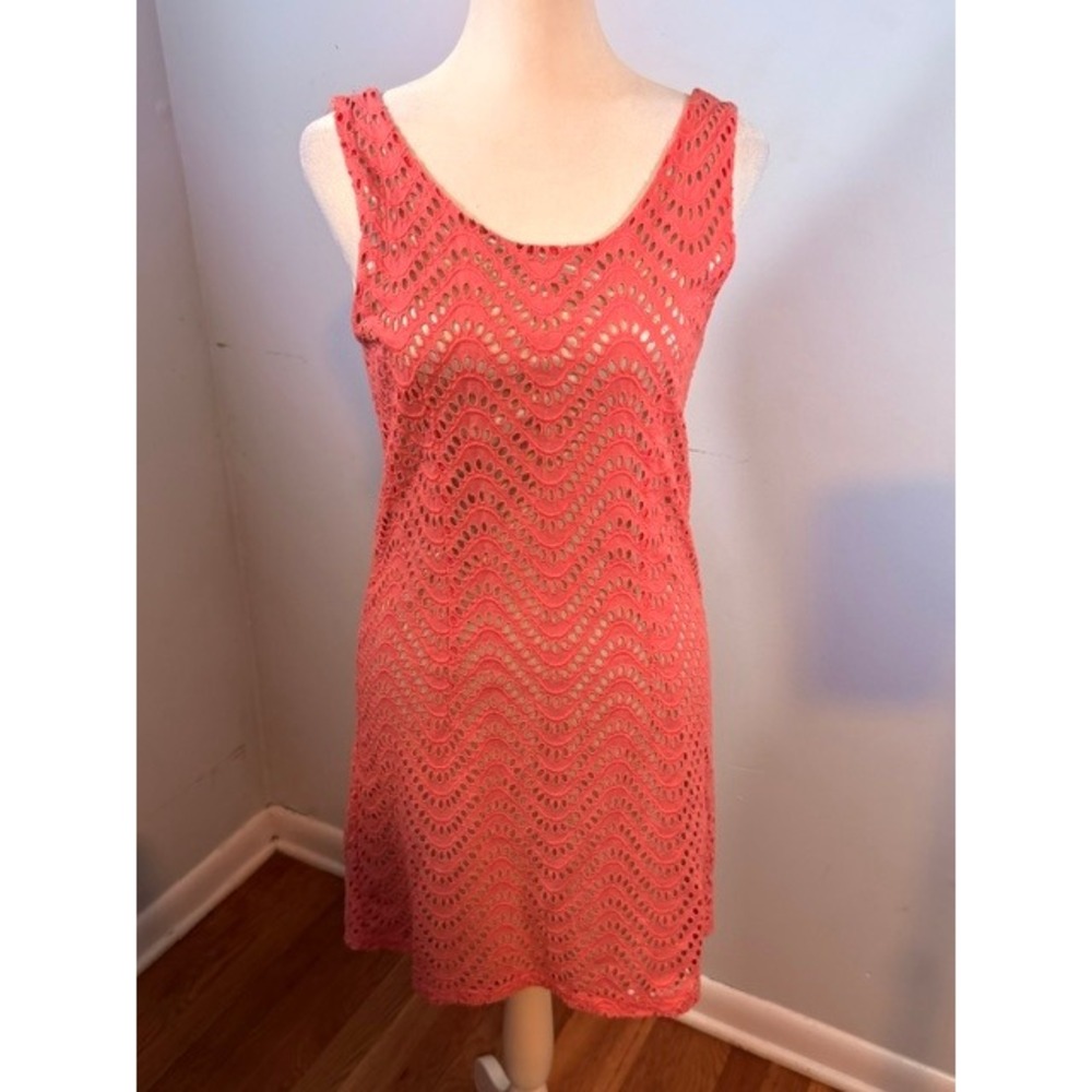 Tracy Negoshian Eyelet Cotton Shift Dress XS Coral Pink Yellow Contrast Zip